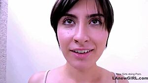 Gorgeous brunette model attends a casting interview. She poses adorably on the sofa during the audition.