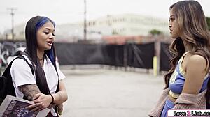 Asian cheerleaders lick shaved pussy in classroom. Scottish redhead joins petite brunette for fingering and kissing.