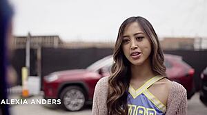 Asian cheerleaders lick shaved pussy in classroom. Scottish redhead joins petite brunette for fingering and kissing.