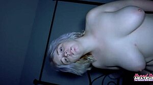 Silver blonde coed Annie Archer contrasts sucking cock with getting her wet hairy beaver fucked doggystyle