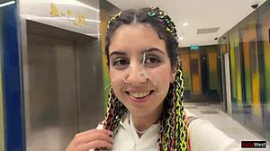 Skinny brunette teen blowjob in public toilet cumwalk