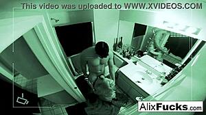 Alix gets a good fucking in tight bathroom with blonde babe pussy and cumshot action.
