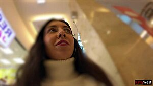 Teen girl pees in jeans publicly at shopping mall during sporty outdoor flashing.