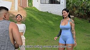 Workout routine turns into sensual session with tattooed Latina. Double licking and deepthroat lead to quickie cowgirl riding.