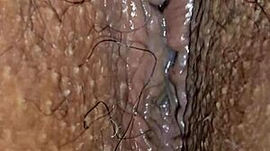 up close mixed interracial couple uses vibrator on hairy pussy for creampie and wet cum covered moans