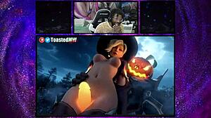 Big-breasted Miyabi rides cowgirl style while Jill gets fucked from behind. Mercy milks Reaper's cock and petite Judy joins the ride! 🔥