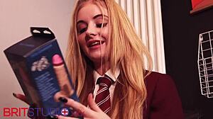 British 18 Year Old College Student in Uniform and Pantyhose Squirts Wildly on Fucking Machine During Intense Foreplay