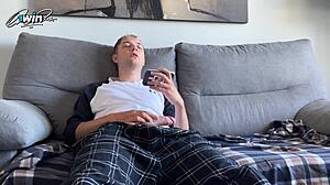 Step sister came home early, uh caught step brother jerking off and gave him handjob while watching porn