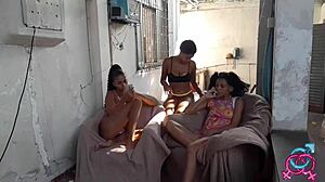 stepdad interacts with stepdaughters in family setting