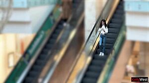 Teen girl pees in jeans publicly at shopping mall during sporty outdoor flashing.
