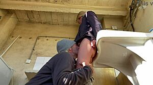 Hot wife and neighbor dive into pussy eating with orgasms in the washing machine room. Amateur Spanish milf blonde gets horny blonde licking close-up.