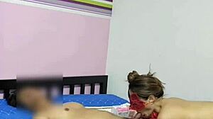 Big tits mature woman bathes young guy then they FUCK on the bed with tight pussy action in homemade curvy scene.