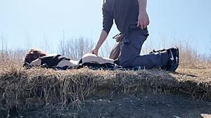 step daughter explores fishing skills in the forest with close-up outdoor views