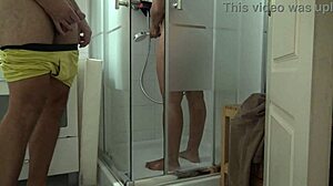 Taboo family voyeur stepson masturbates with big cock while watching stepmother in morning shower