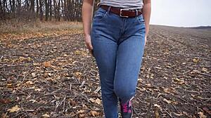 Milf Boldly Teases Massive Cameltoe In Tight Blue Jeans Outdoors Close Up