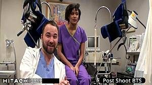 Freshman gets mandatory hitachi orgasm from nurse Jackie Banes in hospital with anal fingering spreading toys close up!