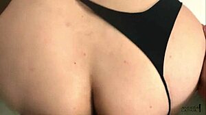 he casually pulls her thong aside for doggystyle fuck then cums on her big ass