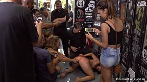 Euro slave gets bound and dominated in bondage. She is walked naked through public outdoor spaces.