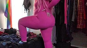 trying on this stretchy pink bodysuit that hugs my fat chubby ass with leggings for ultimate comfort