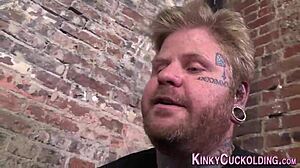 Tattooed Cuckolder Fucked by Big Cock in Femdom Handjob Threesome