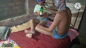 Brunette Indian housewife Bhabhi gets roughly fucked in bedroom at night by husband in skirt and boots for first time anal play