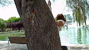 Euro slave gets bound and dominated in bondage. She is walked naked through public outdoor spaces.