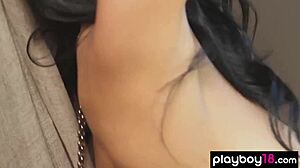 Stunning Shaved Ebony Teen 18+ With Monster Natural Tits Strips Outdoor In Close-Up Tease