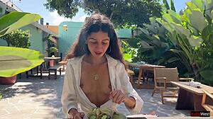 i asked friend to cum on my face in cafe for eating food with sperm 😏 public cumwalk with teen facial and small tits flashing