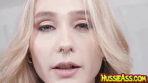 Green-eyed 22-year-old blonde petite babe takes 12 inches of bbc. She licks and rides in interracial anal.