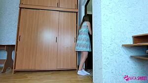 Two hot young 18+ twins argue over sucking delivery man's cock to skip payment one blows him while I watch and masturbate - Nata Sweet