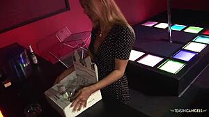 I surprised this horny guy with my fucking skills, riding him in stockings at the night club.