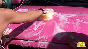 Washing the car seductively leads to blonde lesbos enjoying outdoor threesome with strapons.