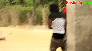 African married man sneaks up on curvy neighbor while she bathes outside and fucks her wet pussy with monster cock