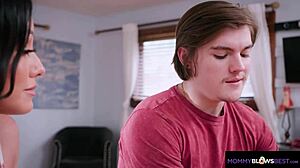 Busty brunette milf gives sloppy blowjob help