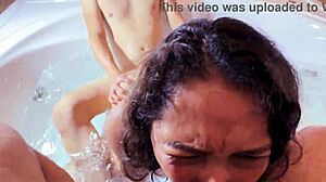 Beautiful Mexican moans in jacuzzi from Dani's huge cock while sucking her boyfriend. She gets facial cum as total nympho.
