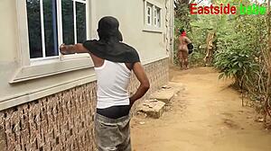 African married man sneaks up on curvy neighbor while she bathes outside and fucks her wet pussy with monster cock