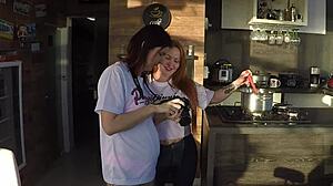 The sensual kitchen photoshoot turned into creampie sex with the assistant and her big tits.