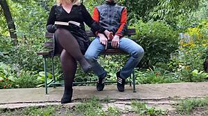 Curvy step mom boldly satisfies step son with intense handjob using her big ass outdoors