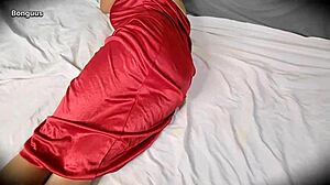 wife in red dress gets wet creamy pussy fucked by husband