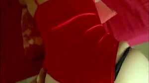 French amateur in red satin lingerie body suit gets pussy fucked bent over with spanking and dirty talk