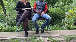 Curvy step mom boldly satisfies step son with intense handjob using her big ass outdoors