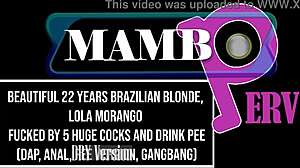 beautiful 22-year-old brazilian blonde lola morango takes on five huge black monster cocks in intense anal action with gapes, atm, and pee drinking in this dry cut dap version