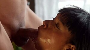 this hot ebony babe with beautiful natural body and pink pussy got face fucked hard. then she took her brother in law's monster cock deep in missionary and cowgirl positions until moaning in orgasm.