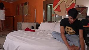 I agree to share bed with stepson in cheap hotel. He gives me rough doggystyle fucking and facial cum in shower.