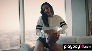 Small-titted Latina beauty Emily Willis strips gracefully on the pool table, posing with her petite body and long hair.