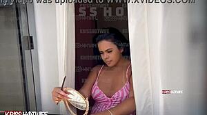 the married prostitute got caught masturbating while watching her own video of fucking a well-endowed guy, showing off tan lines.