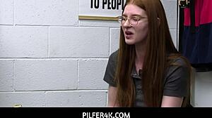 i'm the redhead shoplifter jane rogers caught again by officer jovan jordan and i have to fuck my way out in the garage