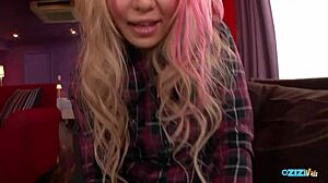 Pov tan asian gyaru toys her big natural tits and ass while you use sex toys on her in doggy style for creampie.