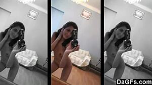 Watch Me Closely in Mirror with Shaved Brunette Teen Groping Small Tits and Piercing