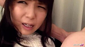 this petite japanese teen 18+ talks during her first time casting fuck in uncensored jav mmf 3some with creampie and cum in mouth.